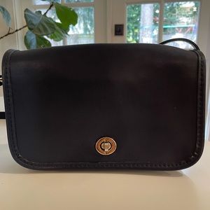 Coach, leather vintage purse, navy blue brass